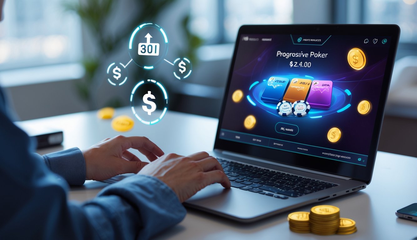 Seorang pemain poker online menggunakan laptop dengan tampilan permainan poker progresif, tangan fokus bermain di meja kerja yang rapi dan pencahayaan terang.
