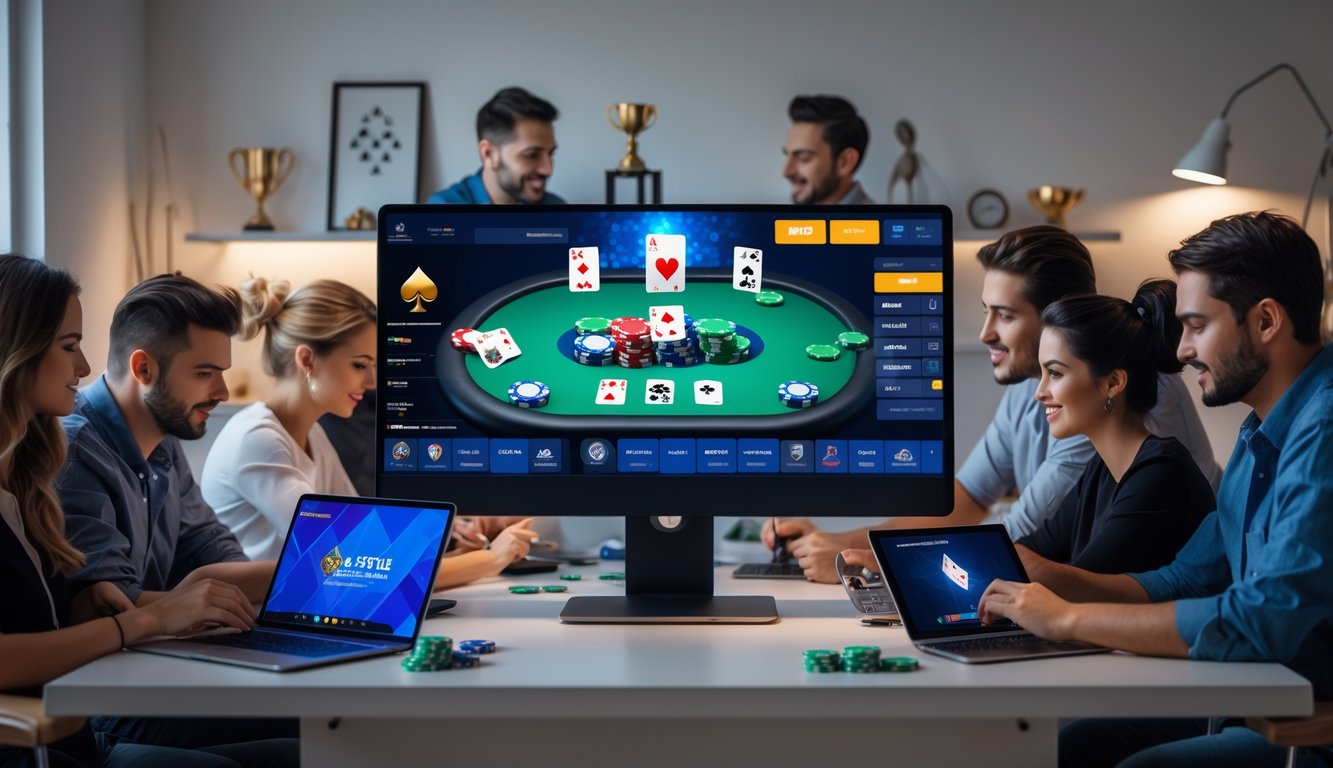 Beberapa orang bermain poker online di meja komputer dengan kartu dan chip di layar, di sebuah ruangan modern dan terang.