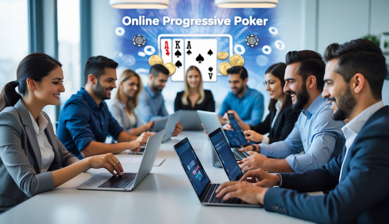 Sejumlah orang bermain poker online dengan laptop dan tablet di ruang kantor modern.