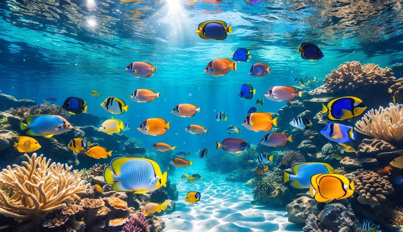 Pemandangan bawah laut dengan ikan tropis berwarna-warni berenang di antara terumbu karang dan tanaman air.