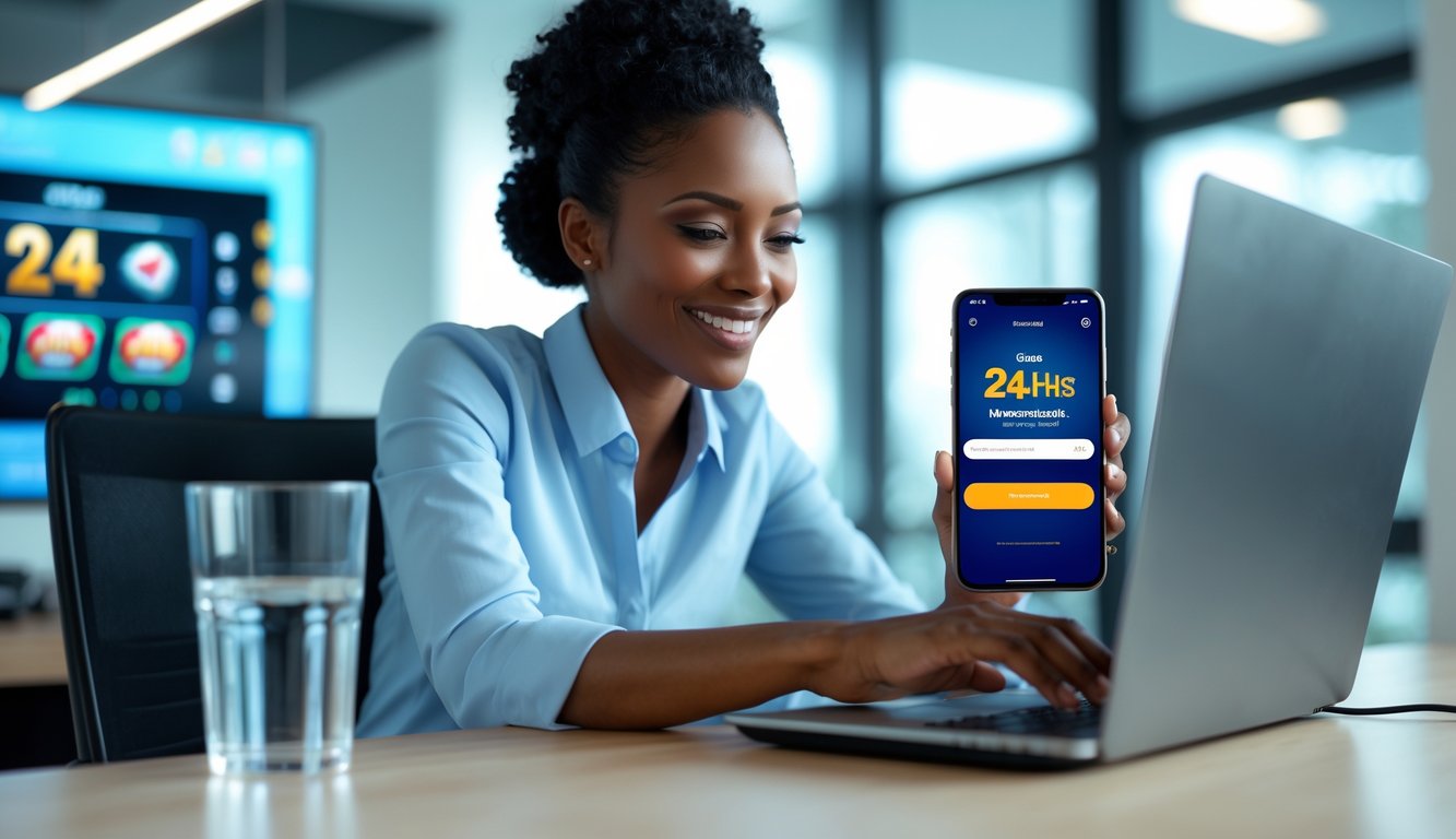 Seorang agen slot online tersenyum bekerja dengan laptop di kantor modern yang terang, menunjukkan layanan cepat dan terpercaya.