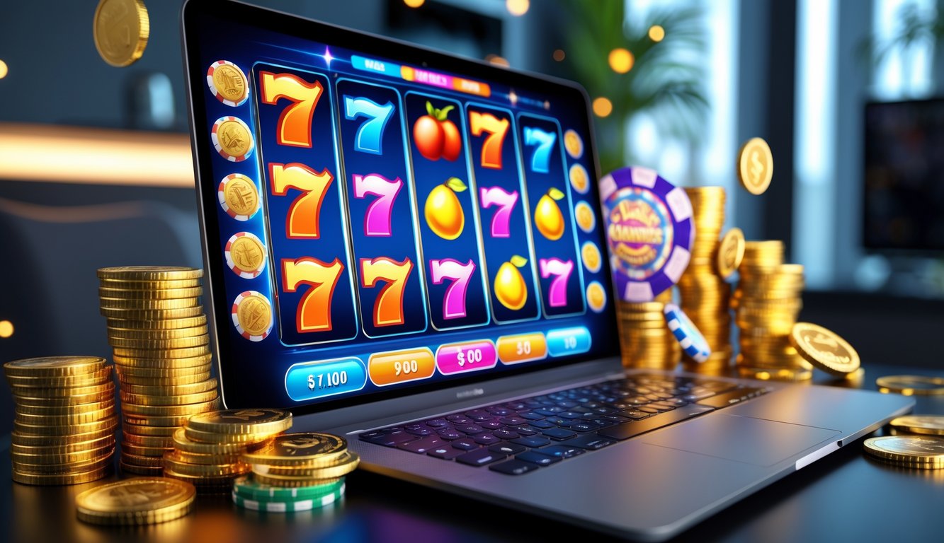 Seorang pria menggunakan laptop dengan layar menampilkan permainan mesin slot berwarna-warni dan tumpukan koin emas di sekitarnya.