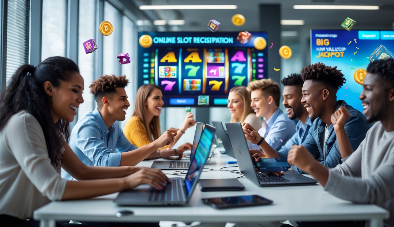 Beberapa orang muda menggunakan laptop dan ponsel di ruang kantor modern, bermain permainan slot online dengan tampilan mesin slot berwarna-warni di layar mereka.