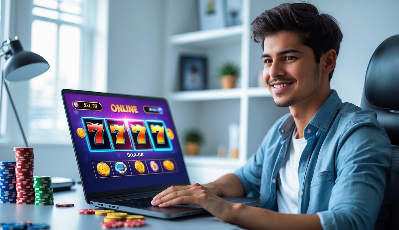 Seseorang duduk di meja dengan laptop, bermain permainan slot online di ruangan kerja yang rapi dan terang.