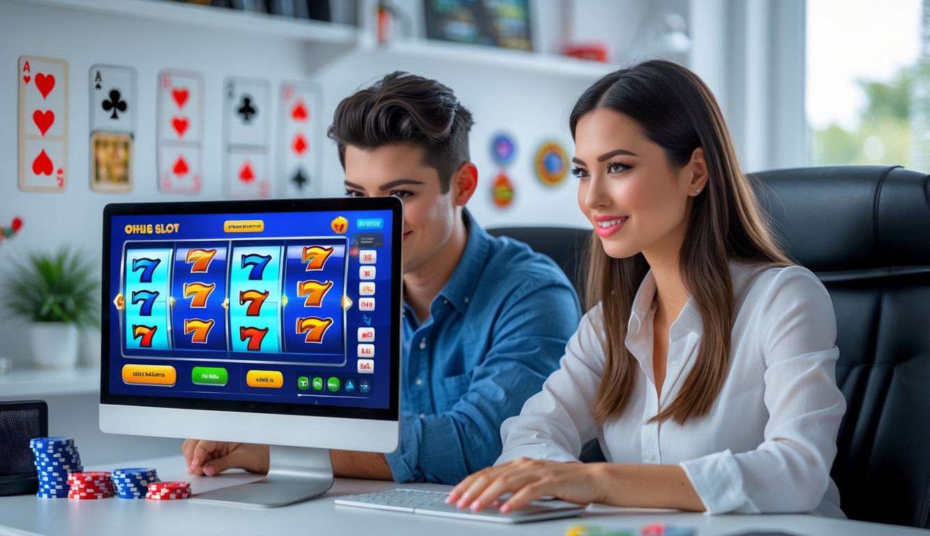 Dua orang muda duduk di depan laptop di ruang kerja modern, fokus pada permainan slot online di layar komputer.