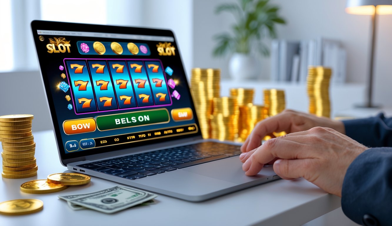Seorang pengguna komputer dengan layar menampilkan permainan slot online berwarna cerah, dikelilingi oleh koin dan uang, menunjukkan suasana kemenangan dan keberhasilan.