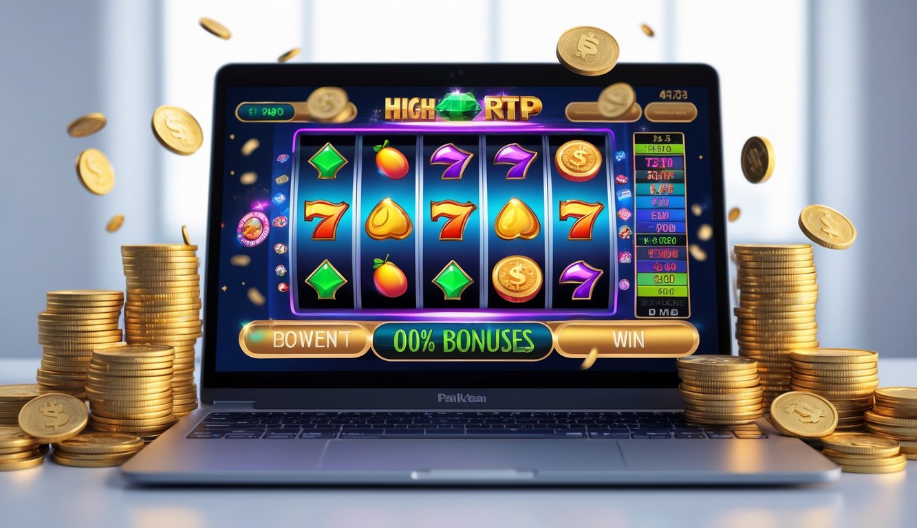 Sebuah layar komputer menampilkan permainan slot online dengan simbol berwarna-warni dan tumpukan koin di sekitarnya.