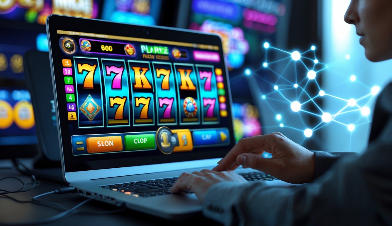 Seorang pengguna sedang bermain mesin slot online di komputer dengan latar belakang elemen digital yang menggambarkan sistem pembayaran otomatis.