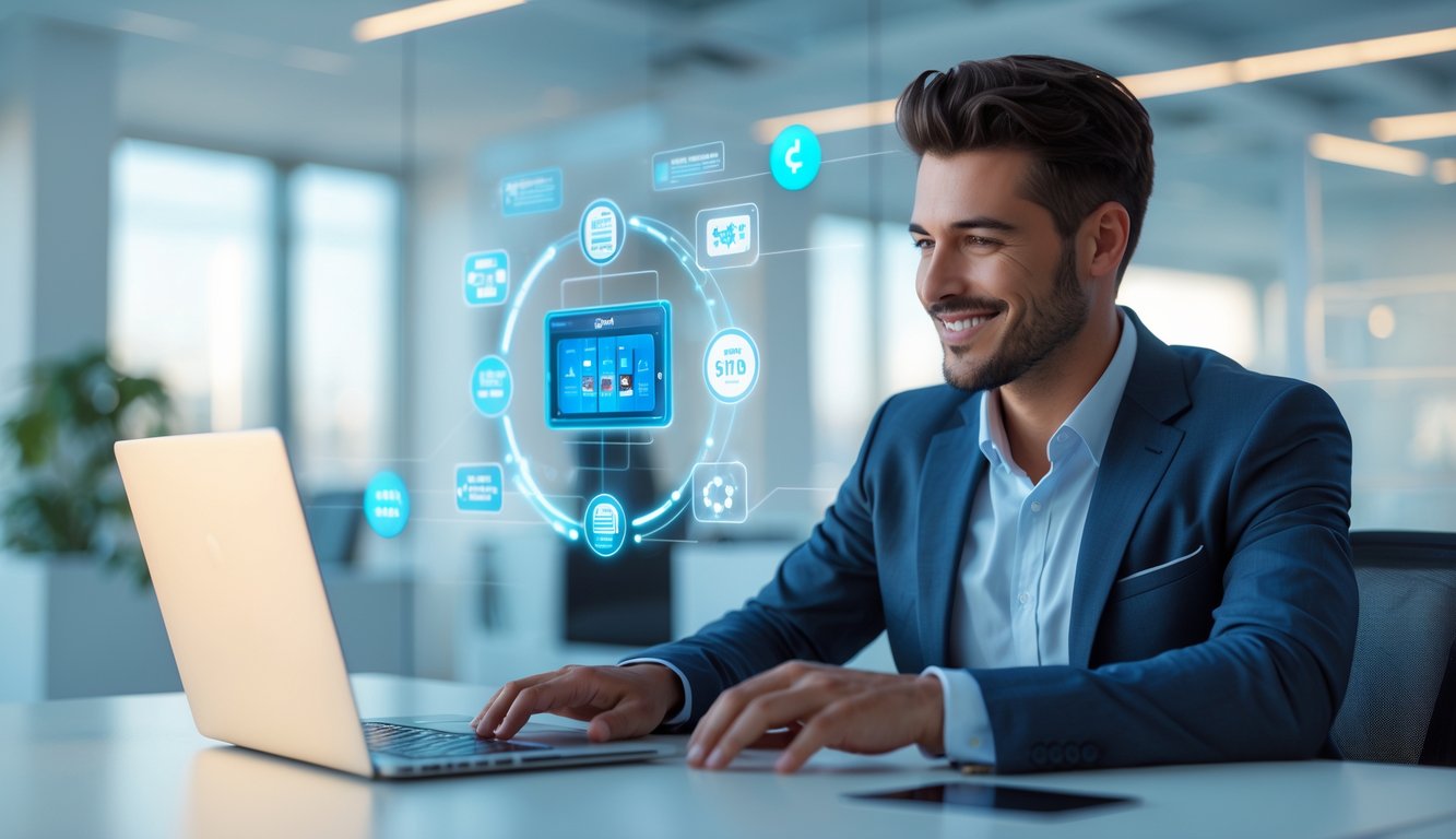 Seorang pekerja profesional menggunakan laptop di kantor modern dengan latar belakang simbol digital yang mewakili sistem pembayaran otomatis dan layanan slot online.