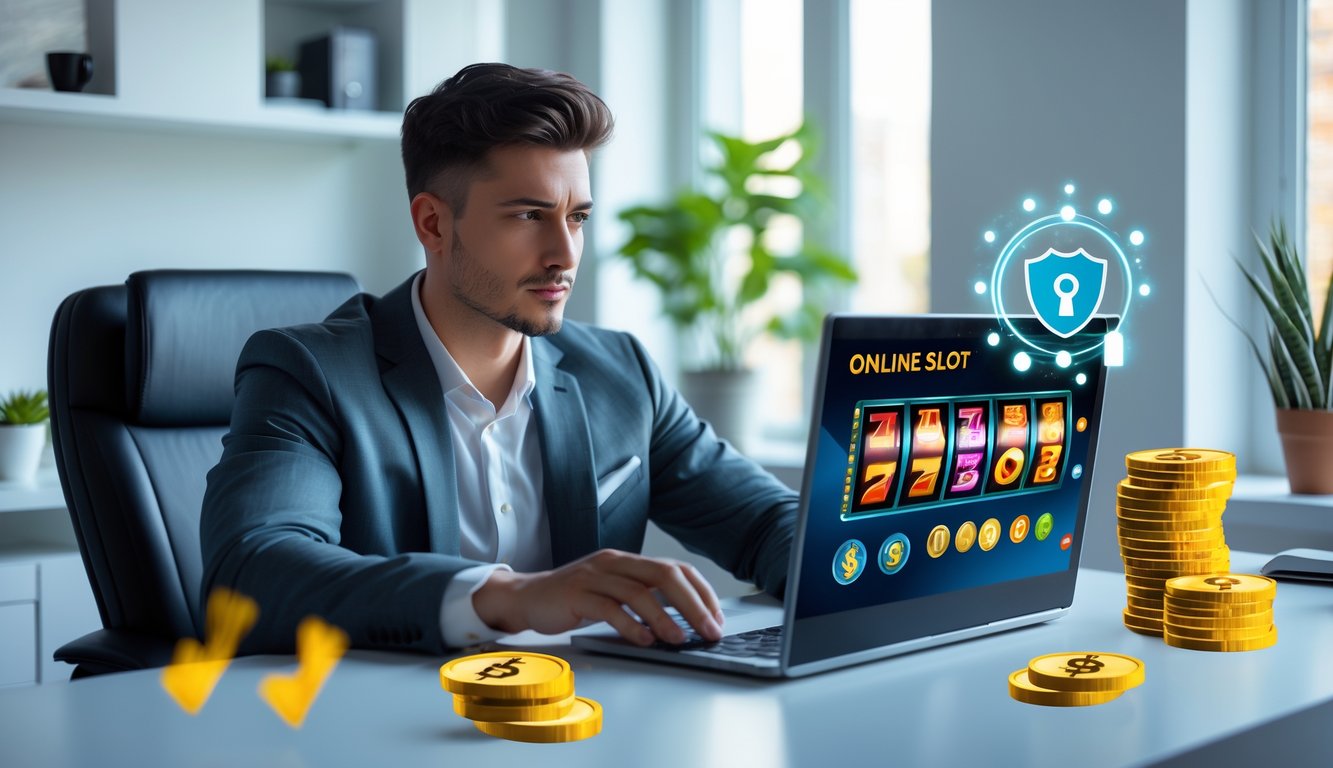 Seorang pria muda duduk di meja dengan laptop menampilkan permainan slot online, di sekitarnya ada simbol keamanan dan koin, di ruang kerja yang rapi dan terang.