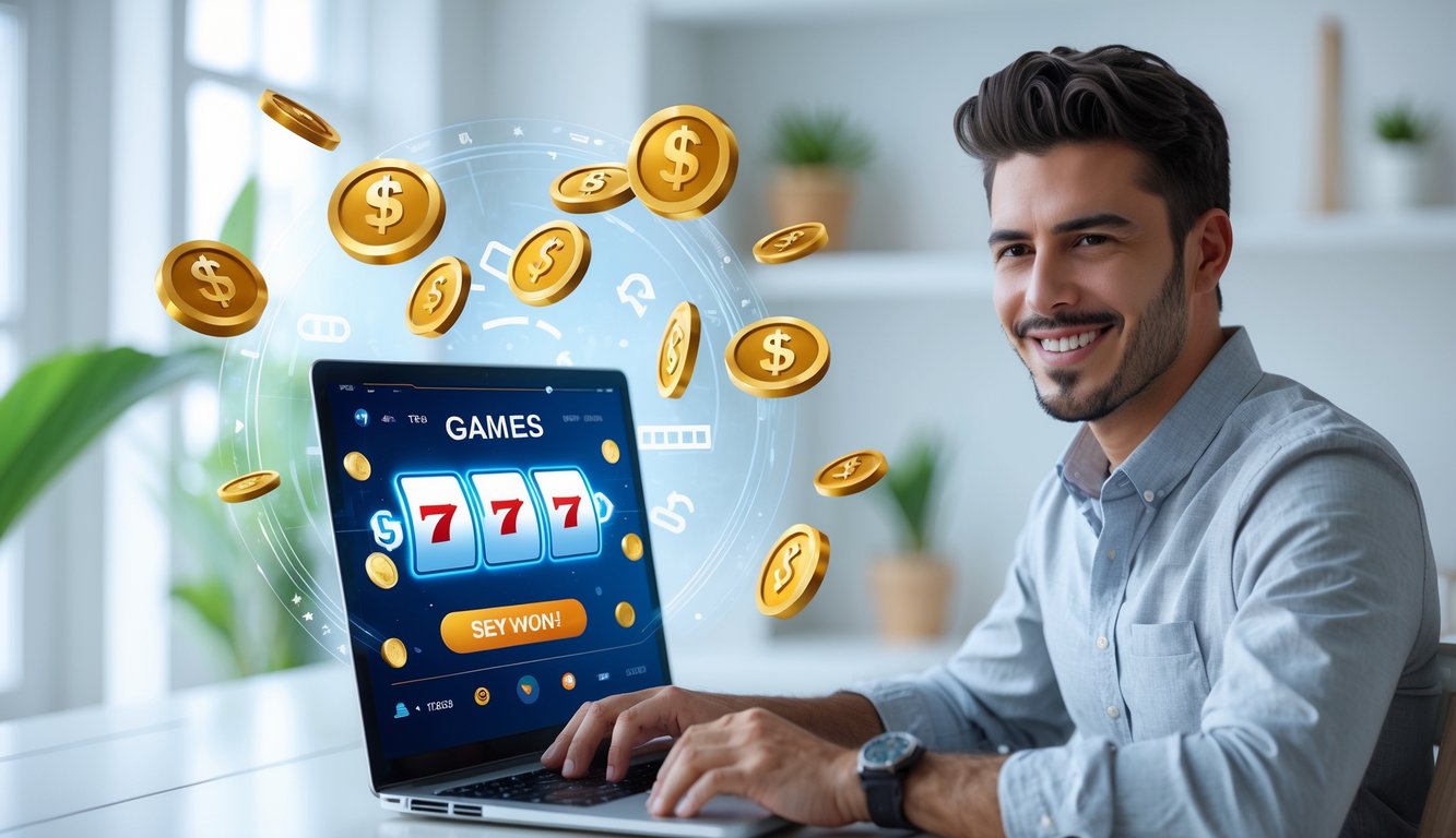 Seorang pria muda duduk di meja dengan laptop, terlihat fokus dan tersenyum, dengan ikon permainan slot dan simbol transaksi cepat di sekitarnya.