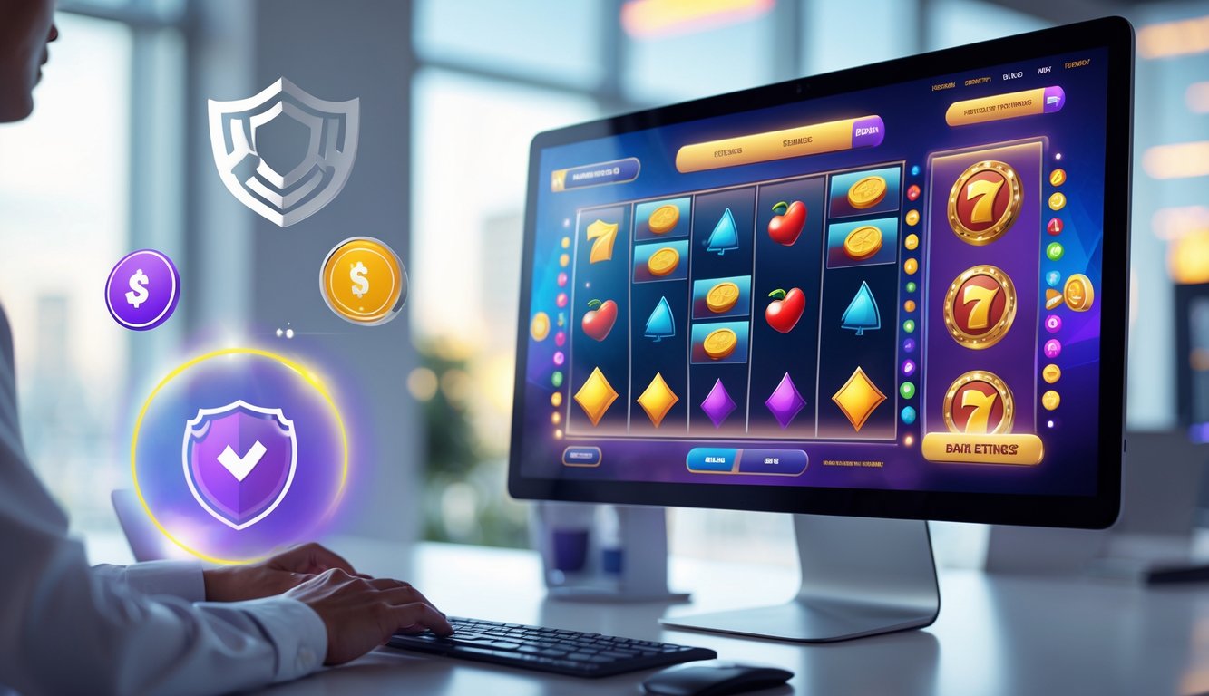 Seseorang menggunakan komputer dengan tampilan permainan slot online yang berwarna-warni di layar, di lingkungan kantor yang terang dan rapi.