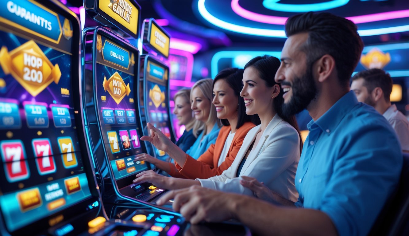 Beberapa orang bermain mesin slot digital di ruang permainan modern dengan pencahayaan cerah dan tampilan bonus di layar.