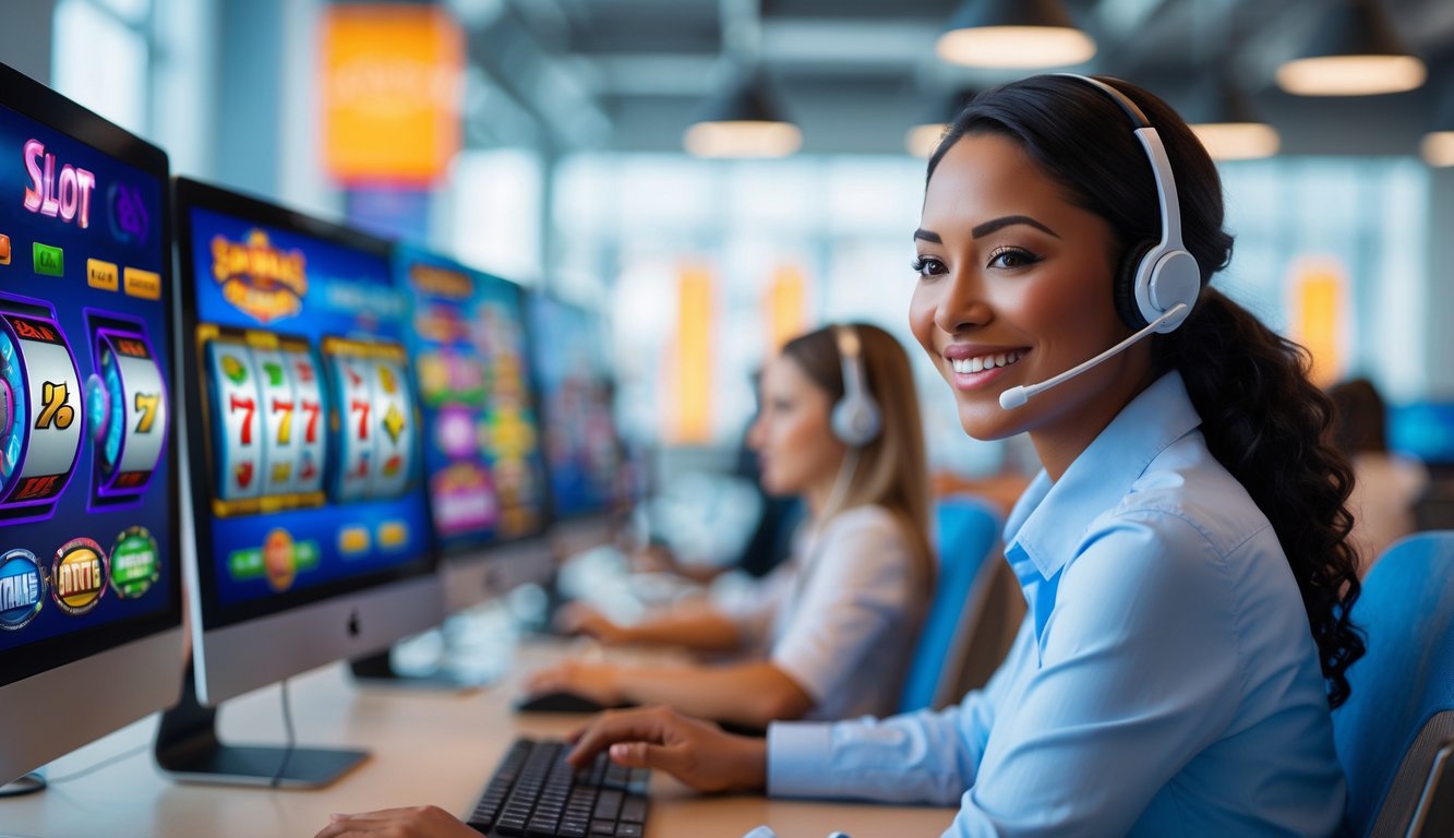 Seorang perwakilan layanan pelanggan dengan headset sedang bekerja di kantor modern dengan layar komputer menampilkan permainan slot online.
