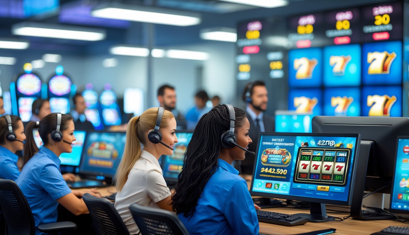 Tim layanan pelanggan yang ramah sedang bekerja di pusat layanan dengan komputer dan layar menampilkan permainan slot online dan transaksi pembayaran.
