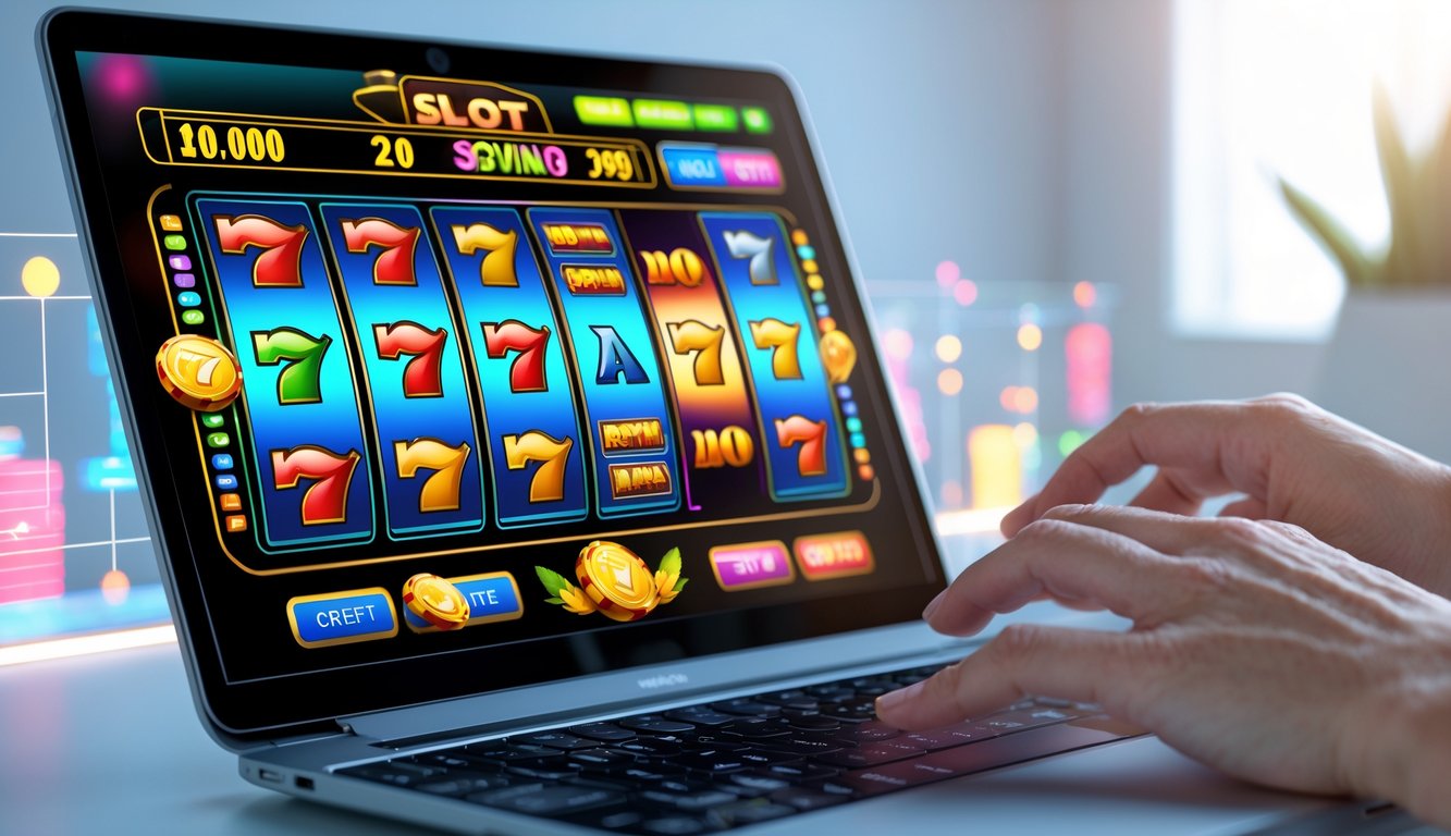 Seorang pemain dewasa menggunakan laptop atau ponsel pintar dengan tampilan mesin slot berwarna cerah di layar.