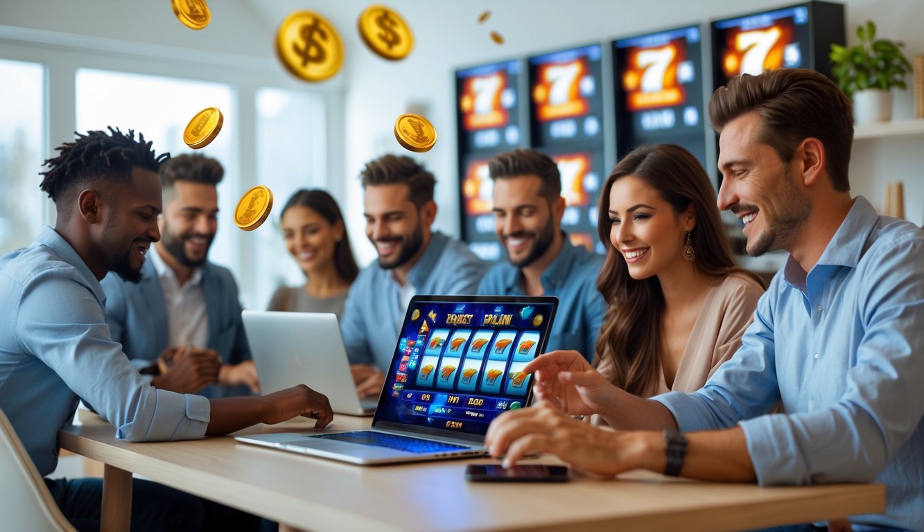 Orang-orang menggunakan laptop dan ponsel untuk bermain mesin slot online di ruangan yang terang dan nyaman.