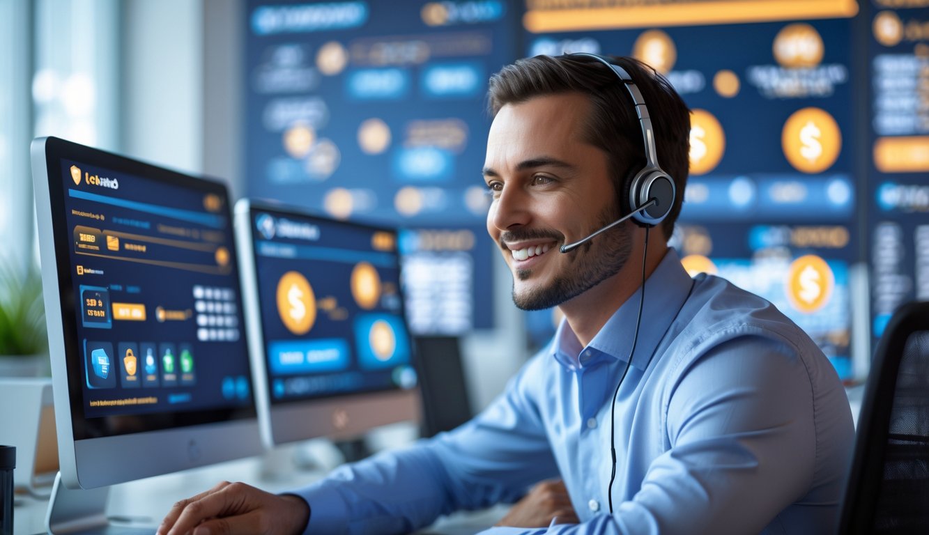 Seorang agen layanan pelanggan profesional membantu klien di kantor modern dengan layar komputer yang menampilkan permainan kasino langsung dan ikon transaksi keuangan.