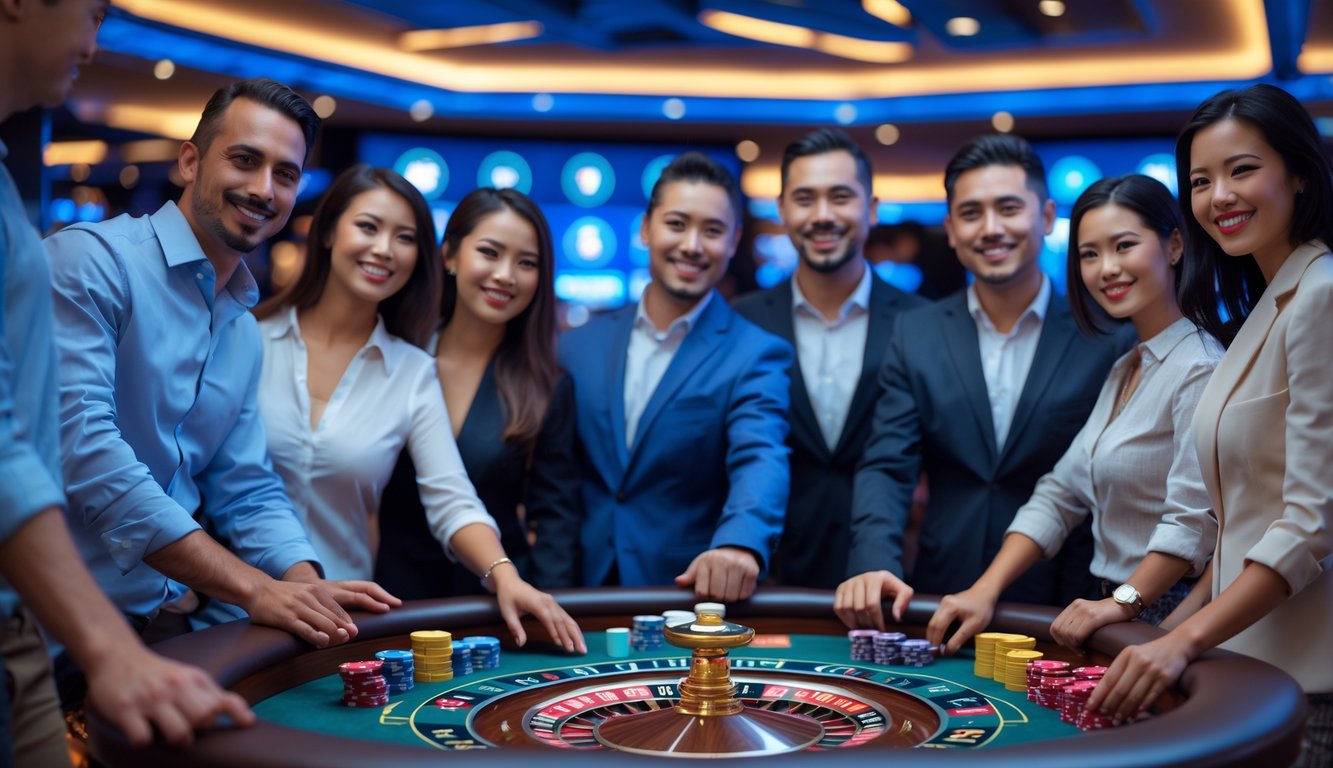Orang-orang sedang bermain di meja kasino dengan kartu dan chip, suasana ramai dan aman.