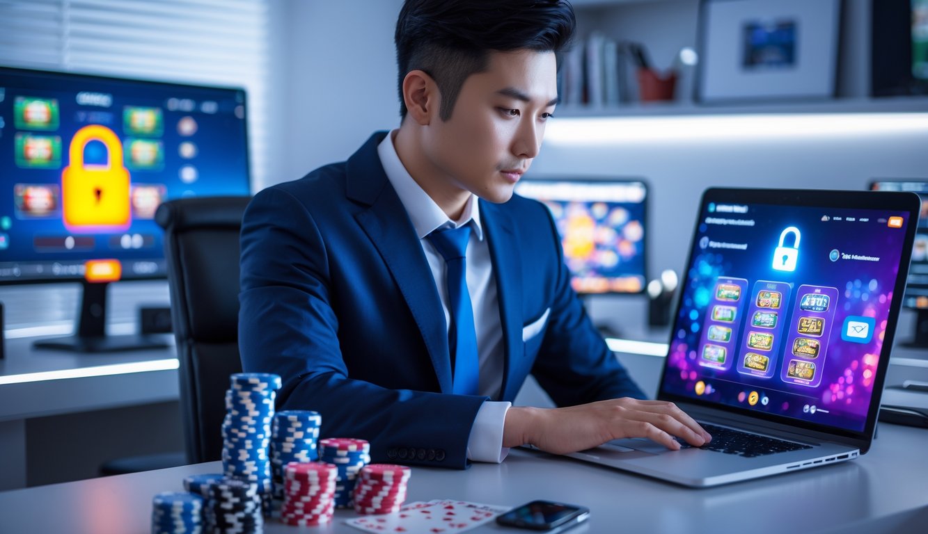 Seorang pria Asia duduk di meja modern dengan laptop yang menampilkan permainan kasino langsung, dikelilingi simbol keamanan dan perlengkapan kasino.