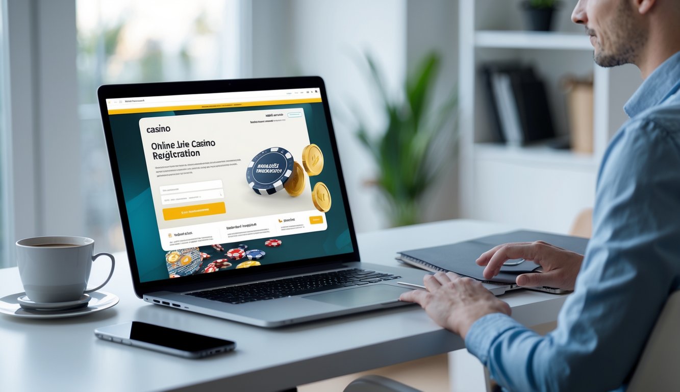 Seseorang menggunakan laptop di meja kerja dengan latar belakang ruangan yang rapi dan tanaman, sedang mendaftar di agen live casino online resmi.