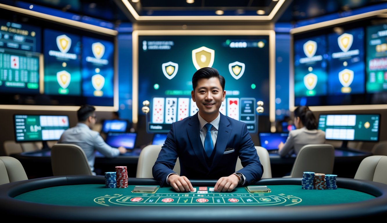 Seorang dealer kasino profesional duduk di meja kasino modern dengan layar besar menampilkan permainan kasino langsung dan simbol keamanan di latar belakang.