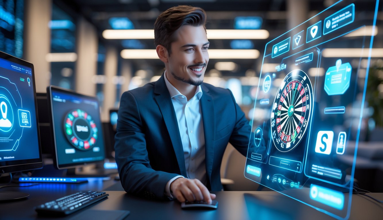 Seorang agen kasino langsung yang percaya diri bekerja di kantor modern dengan perangkat keamanan canggih dan layar komputer menampilkan elemen kasino dan transaksi aman.