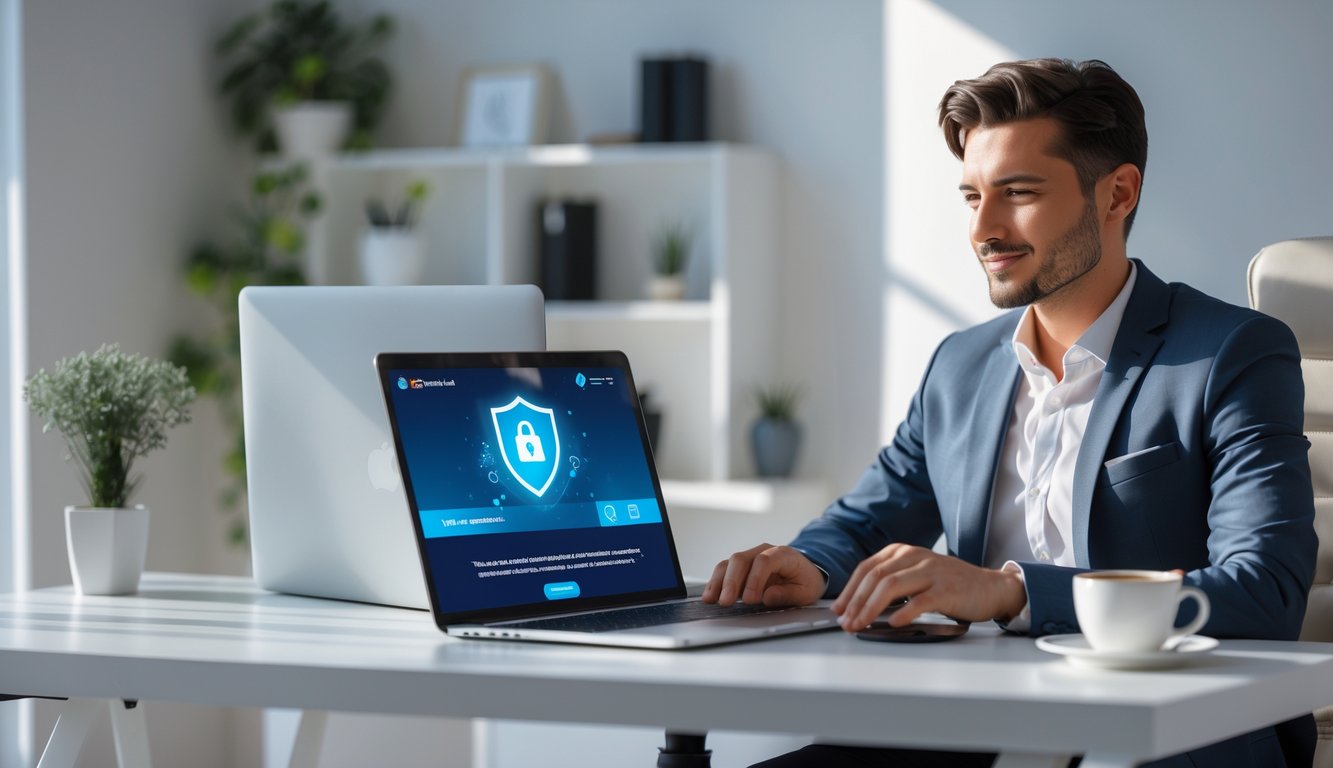 Seseorang duduk di depan laptop di ruang kerja yang rapi, fokus menggunakan situs kasino langsung online yang aman dan terpercaya.