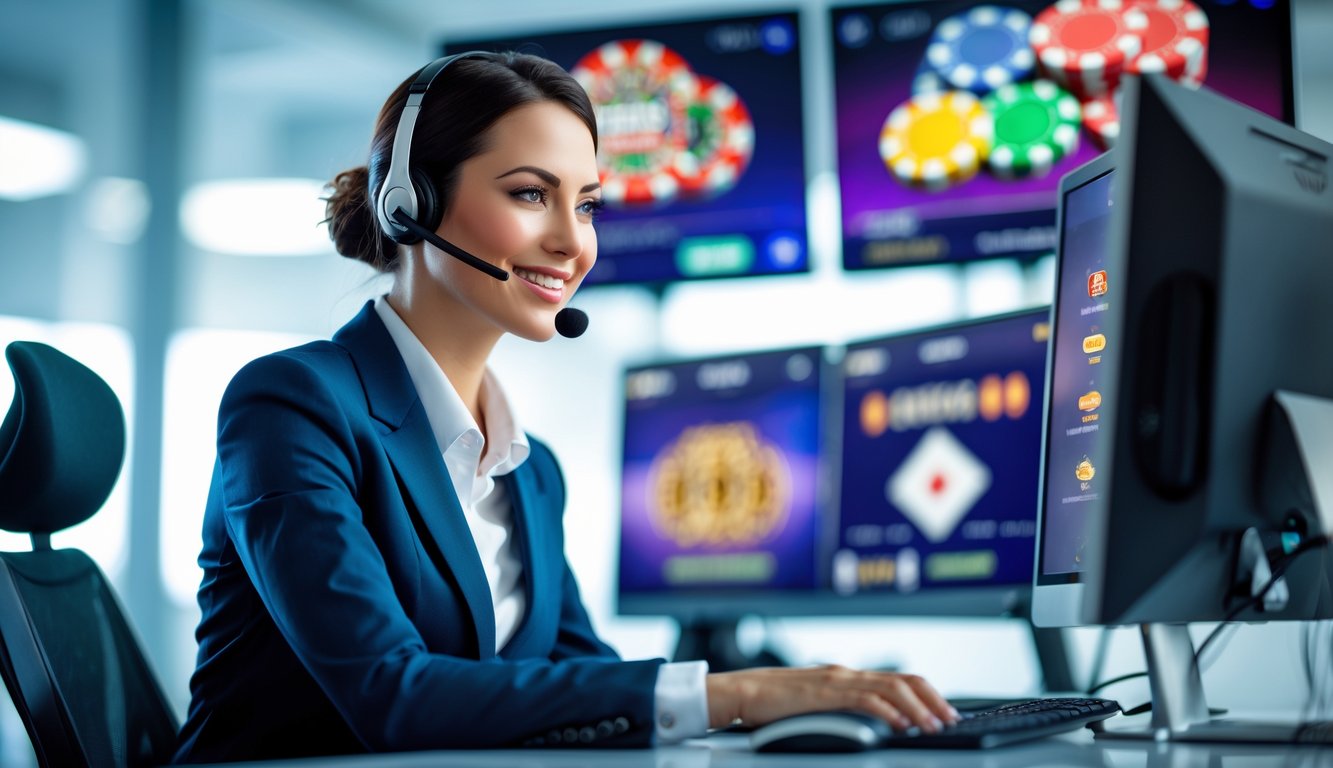 Seorang agen layanan pelanggan profesional sedang bekerja di depan komputer dengan tampilan permainan kasino langsung di layar, di ruang kantor yang aman dan modern.
