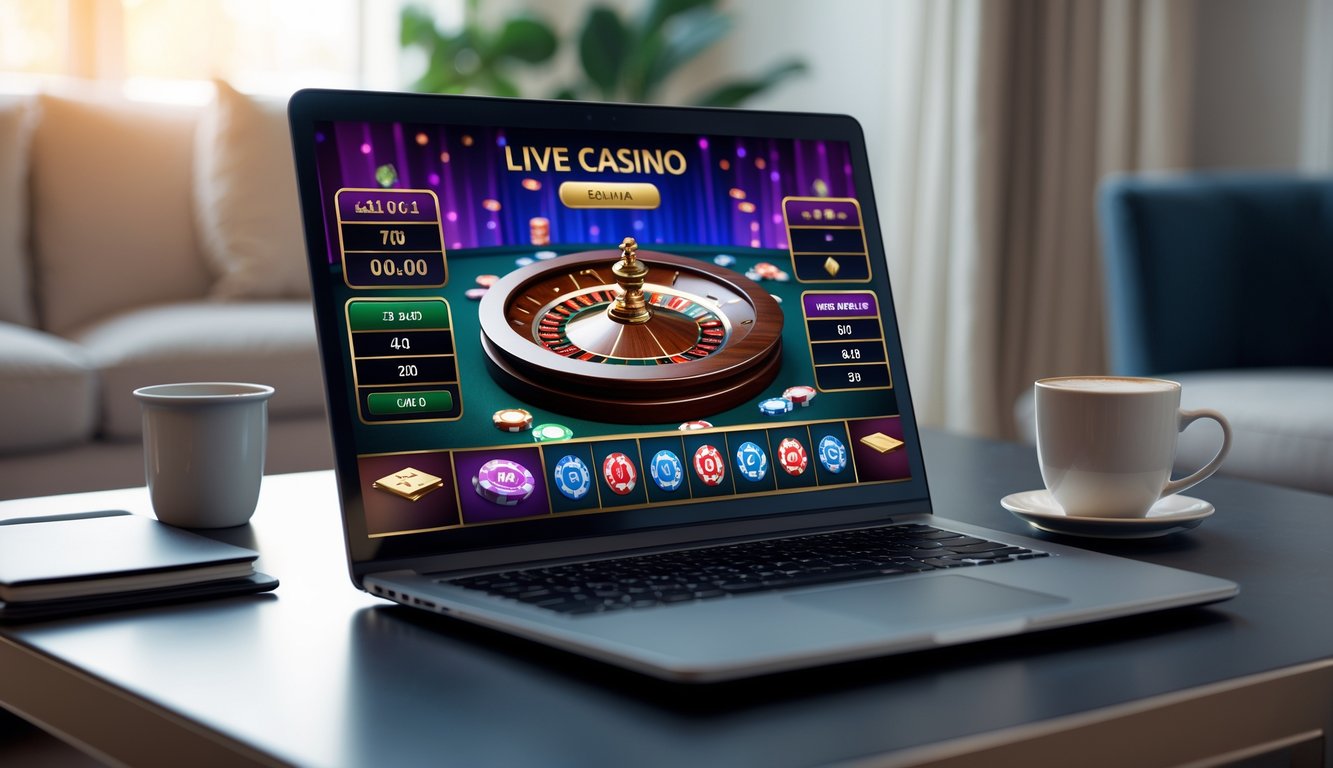 Seorang pria menggunakan laptop dengan tampilan permainan kasino langsung di layar di meja kerja yang rapi di rumah.