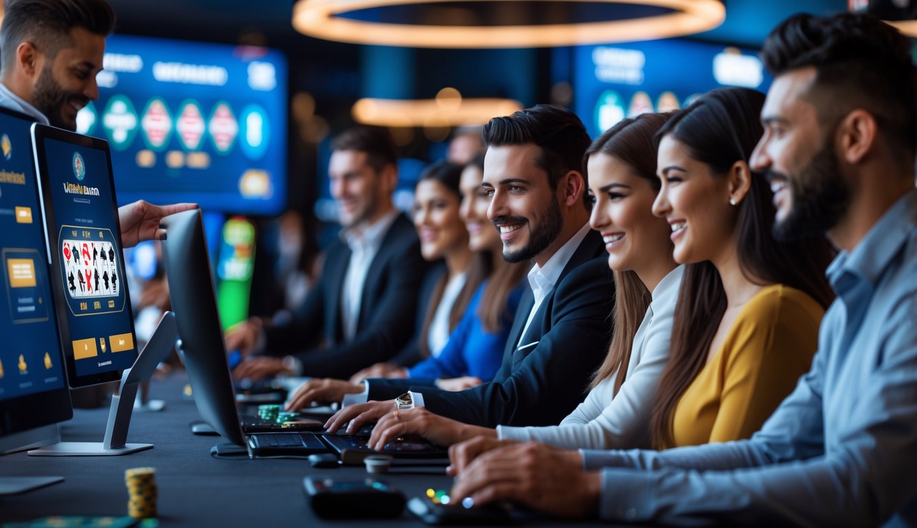 Seorang agen live casino profesional berinteraksi dengan pemain online melalui perangkat digital di lingkungan modern yang terang, menampilkan permainan kasino langsung dan simbol pembayaran cepat.