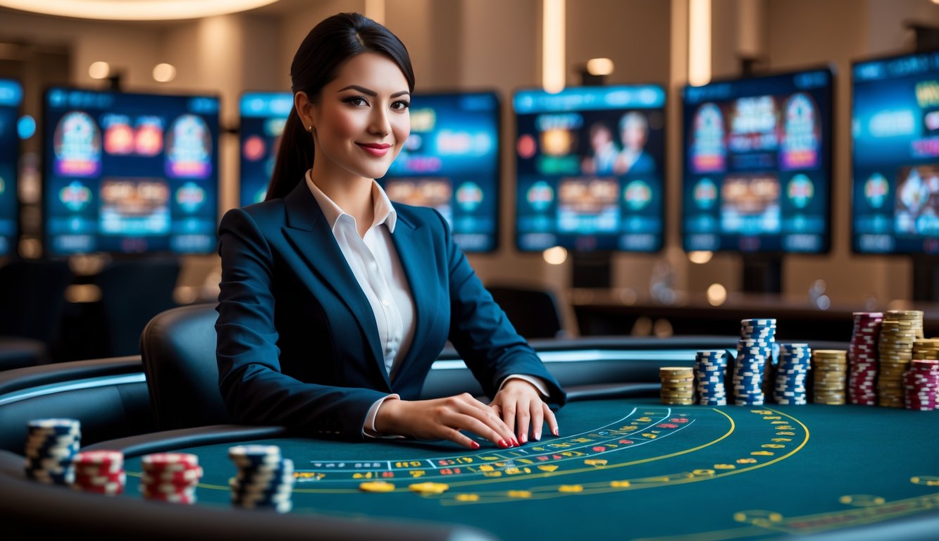 Seorang dealer profesional duduk di meja kasino dengan kartu dan chip, di latar belakang tampak monitor yang menampilkan streaming langsung permainan kasino.