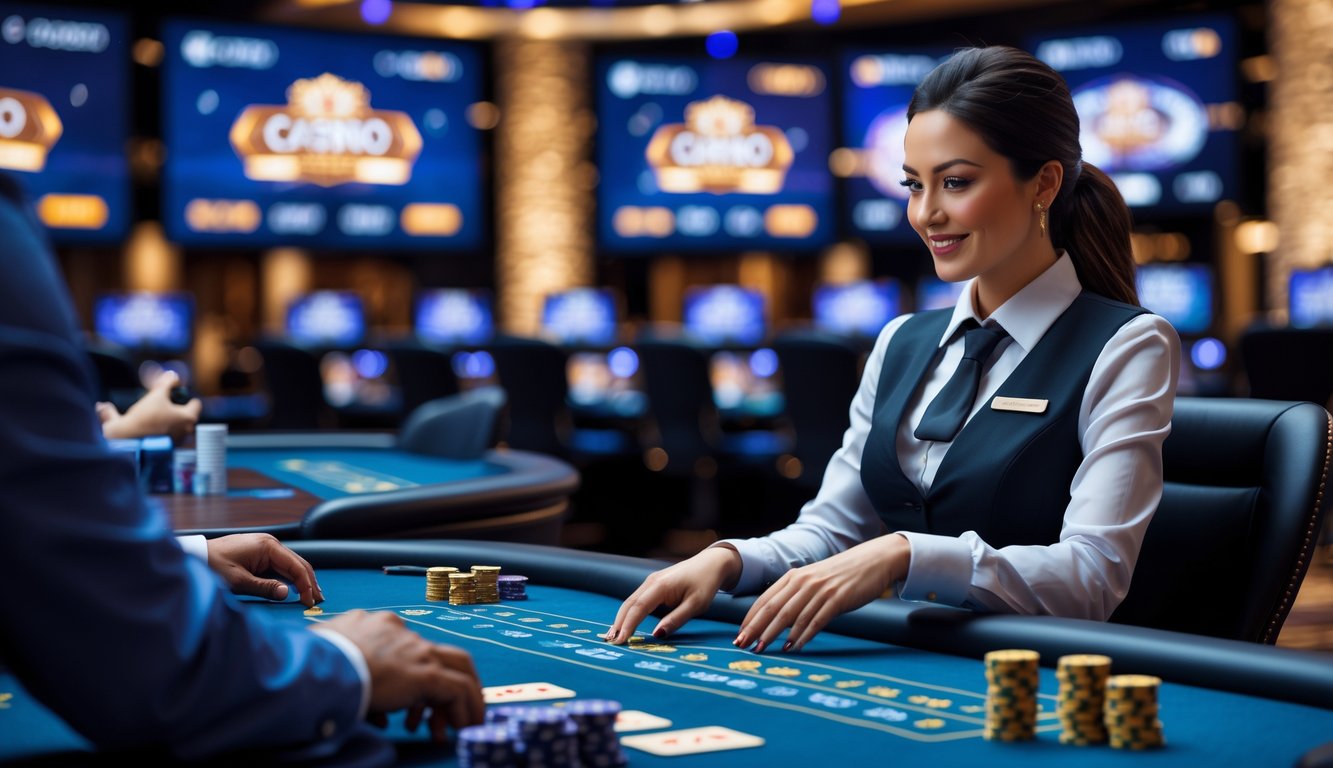 Seorang dealer wanita profesional duduk di meja permainan kasino dengan kartu dan chip, di latar belakang layar besar menampilkan streaming langsung permainan kasino.