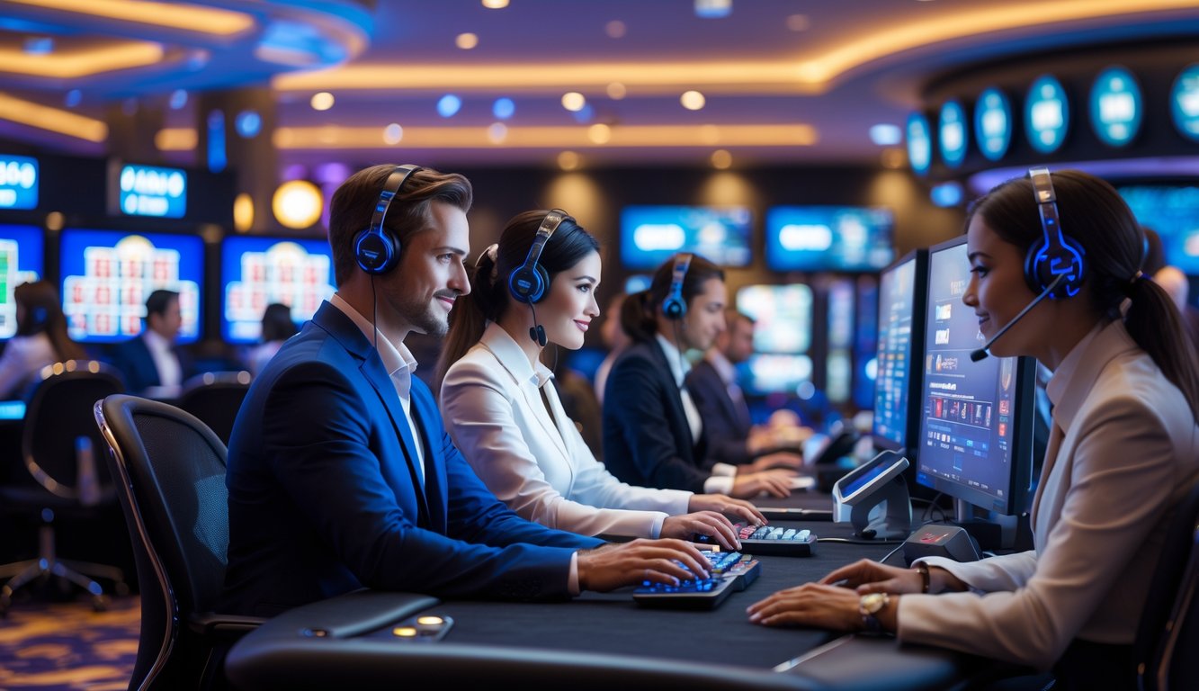 Beberapa staf layanan pelanggan sedang membantu pelanggan di lingkungan kasino langsung online dengan meja permainan dan perangkat digital.