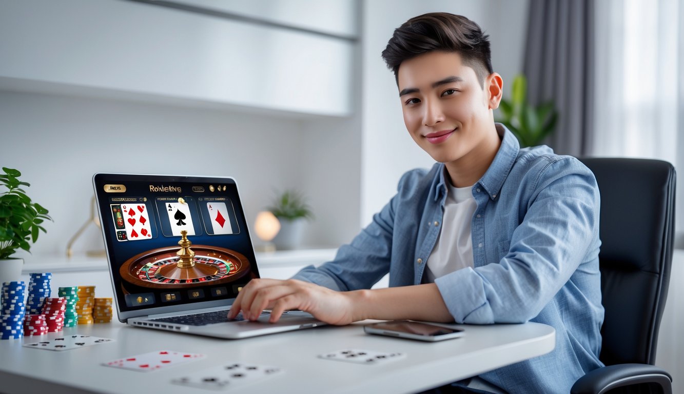 Seorang pemula bermain game kasino langsung online di laptop di meja kerja yang rapi di rumah.