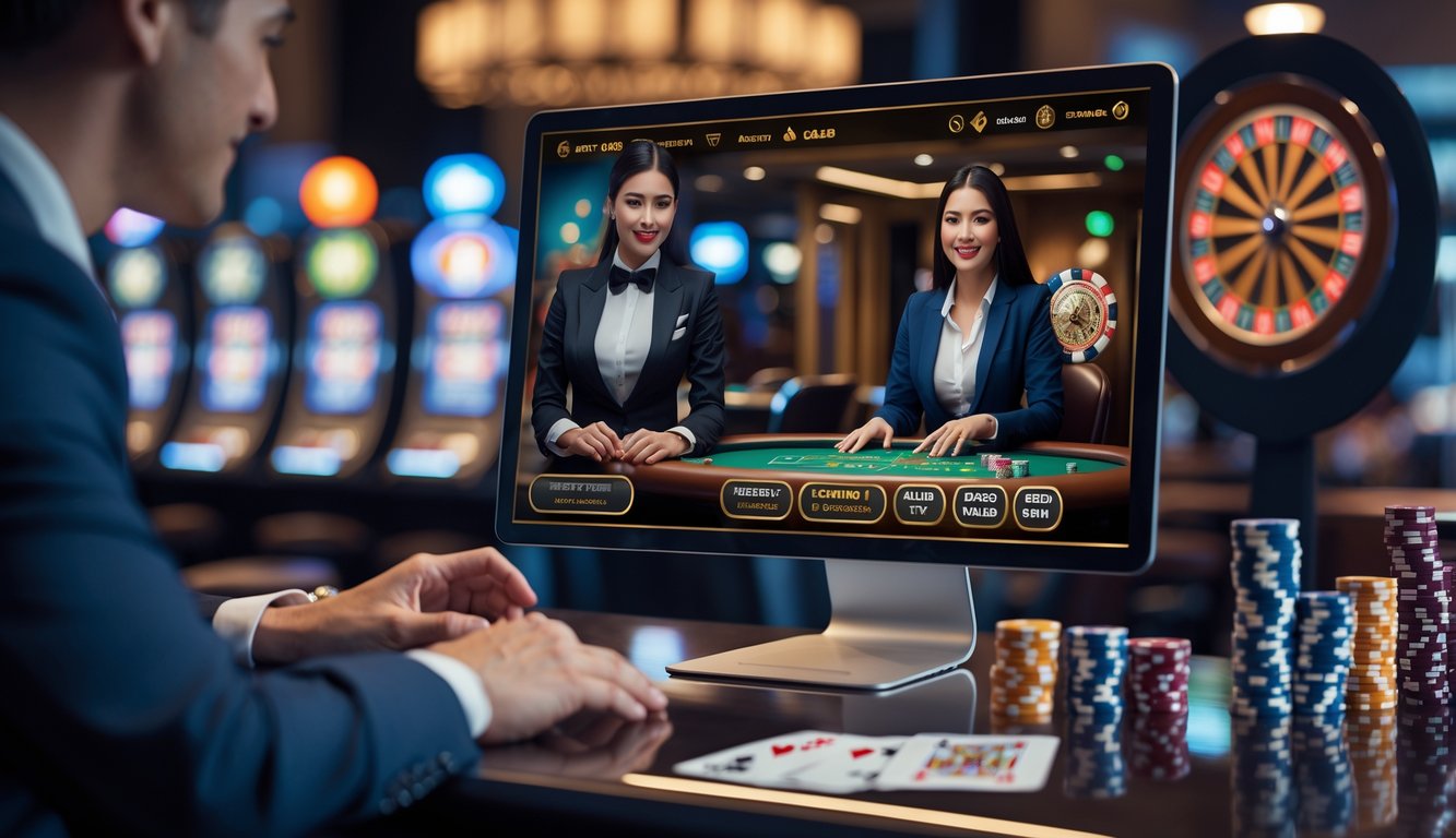 Seorang dealer kasino langsung sedang berinteraksi dengan pemain melalui layar komputer di lingkungan kasino online yang modern dan ramah.