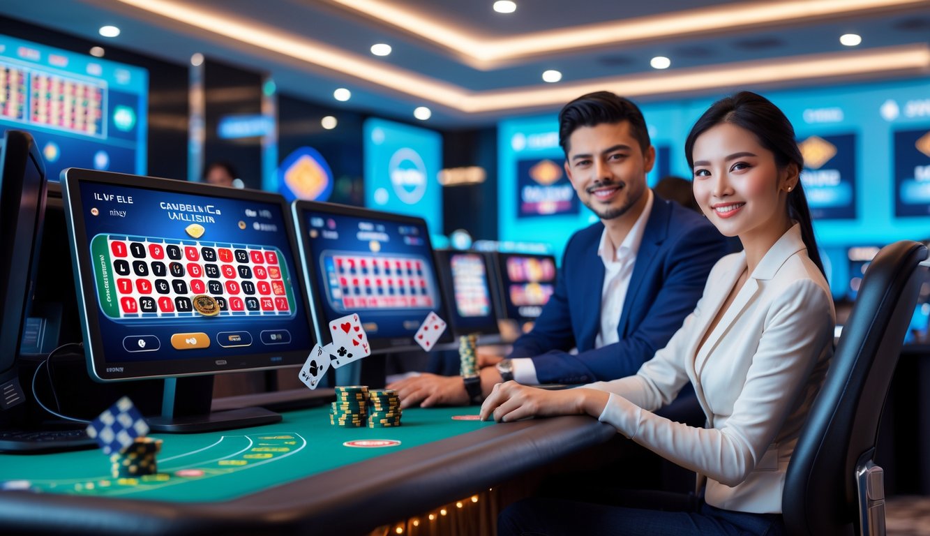 Dua orang sedang bermain permainan kasino langsung secara online dengan layar komputer dan ikon pembayaran digital di latar belakang.