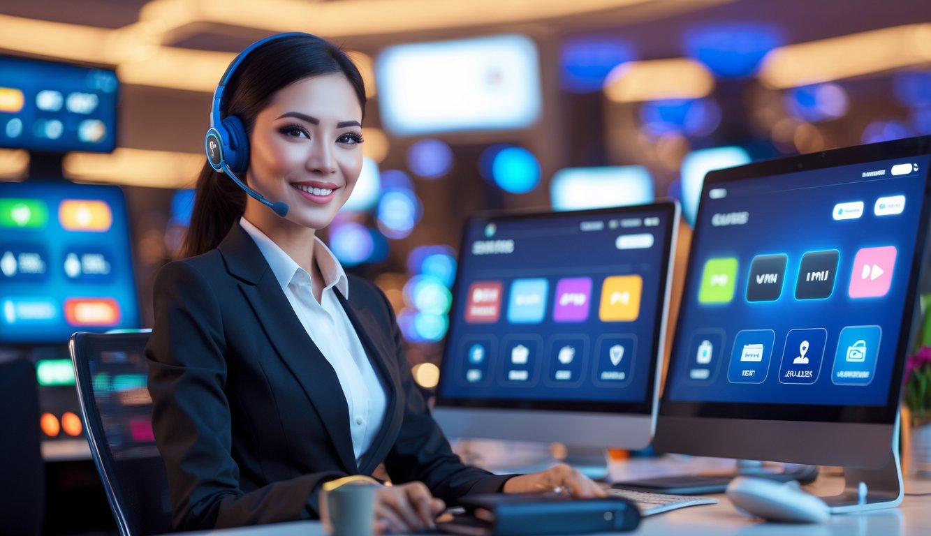 Seorang agen layanan pelanggan tersenyum di depan komputer dengan layar menampilkan permainan kasino langsung dan berbagai metode pembayaran.