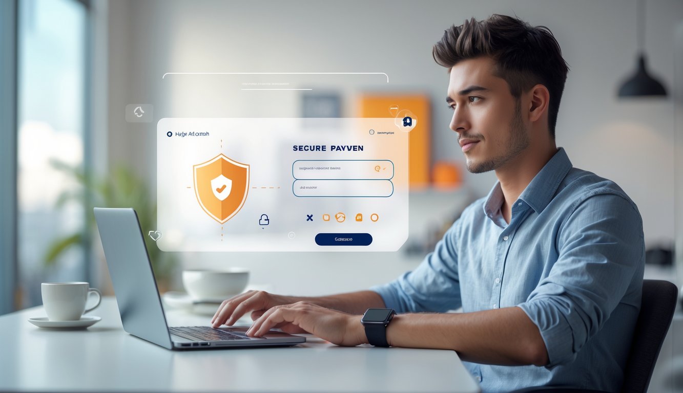 Seorang pria muda menggunakan laptop di ruang kerja yang terang untuk melakukan transaksi online yang aman dan mudah.
