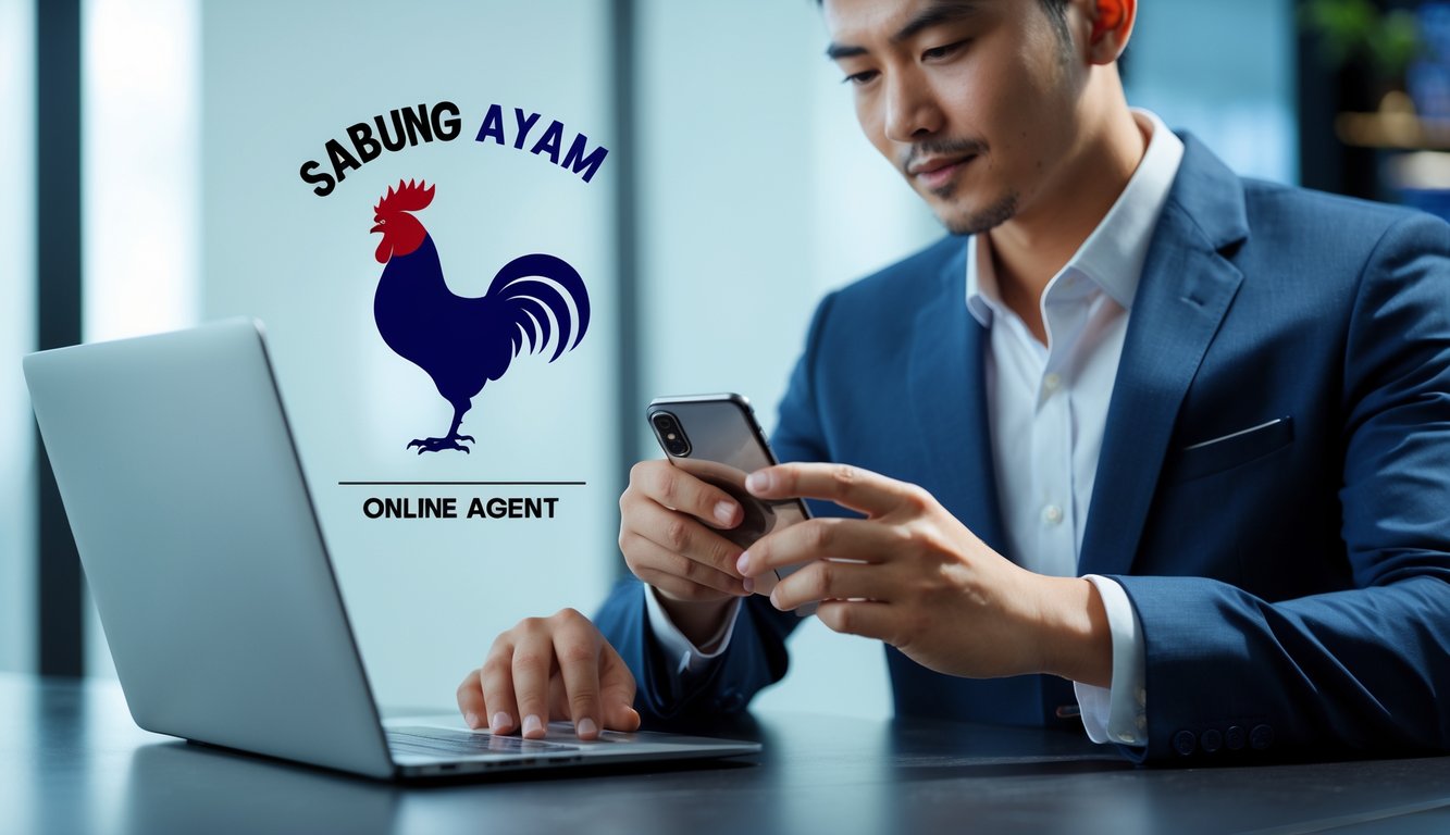 Seorang pria menggunakan ponsel untuk melakukan pembayaran online dengan latar belakang suasana modern dan elemen terkait sabung ayam.