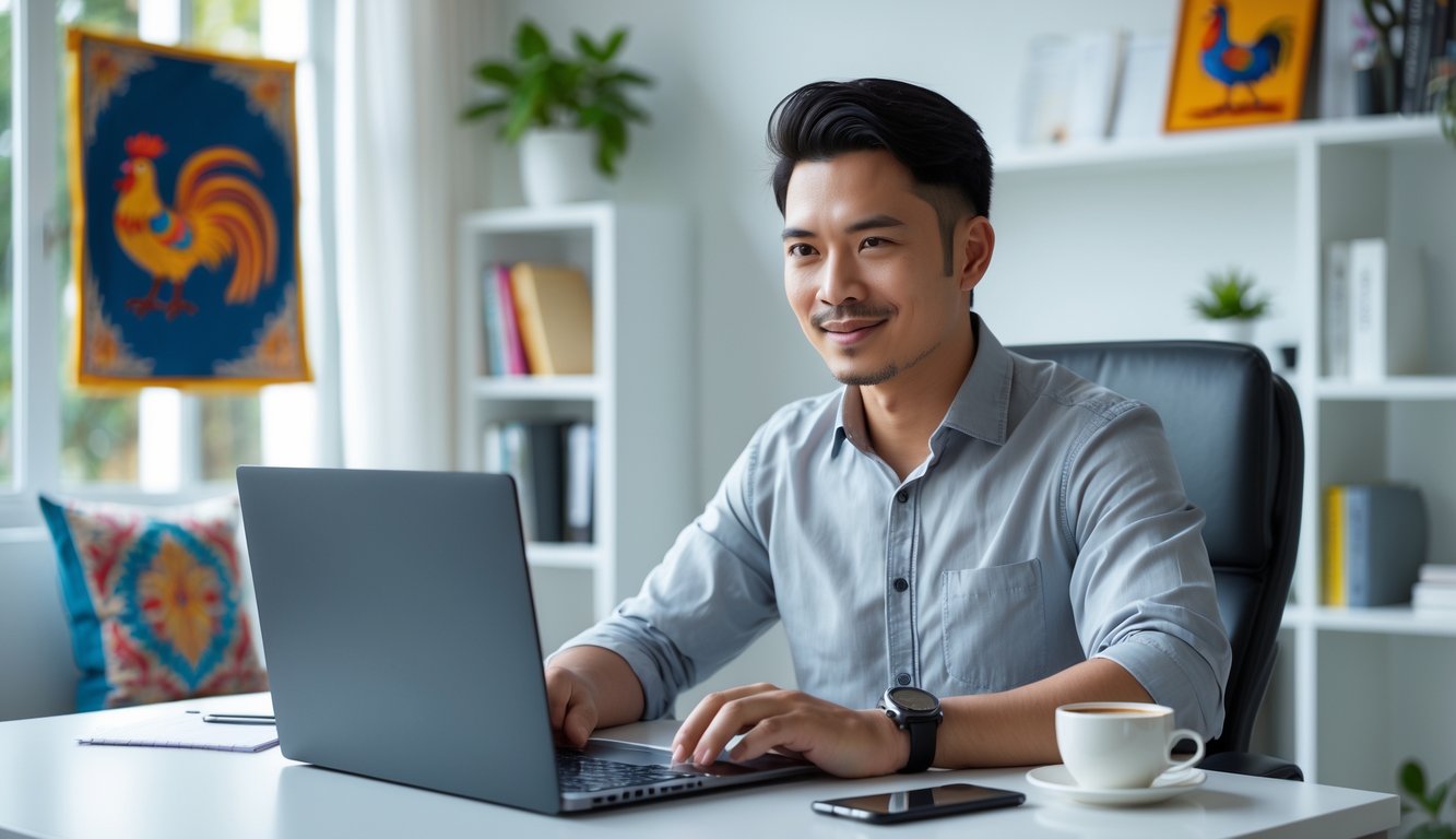 Seorang pria muda duduk di meja dengan laptop terbuka, fokus menggunakan komputer di ruang kerja rumah yang terang dan rapi.
