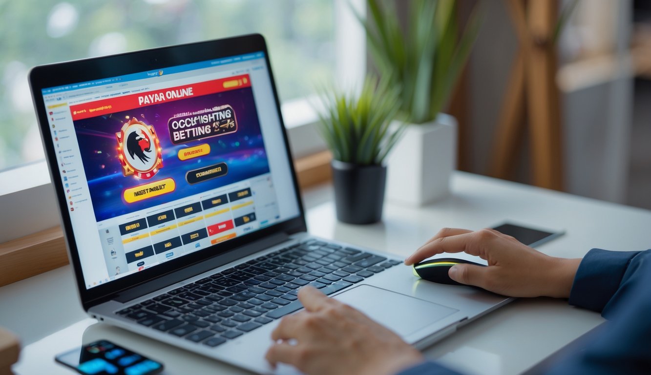Seseorang menggunakan komputer dengan tampilan situs taruhan sabung ayam online dan simbol pembayaran digital di meja kerja.