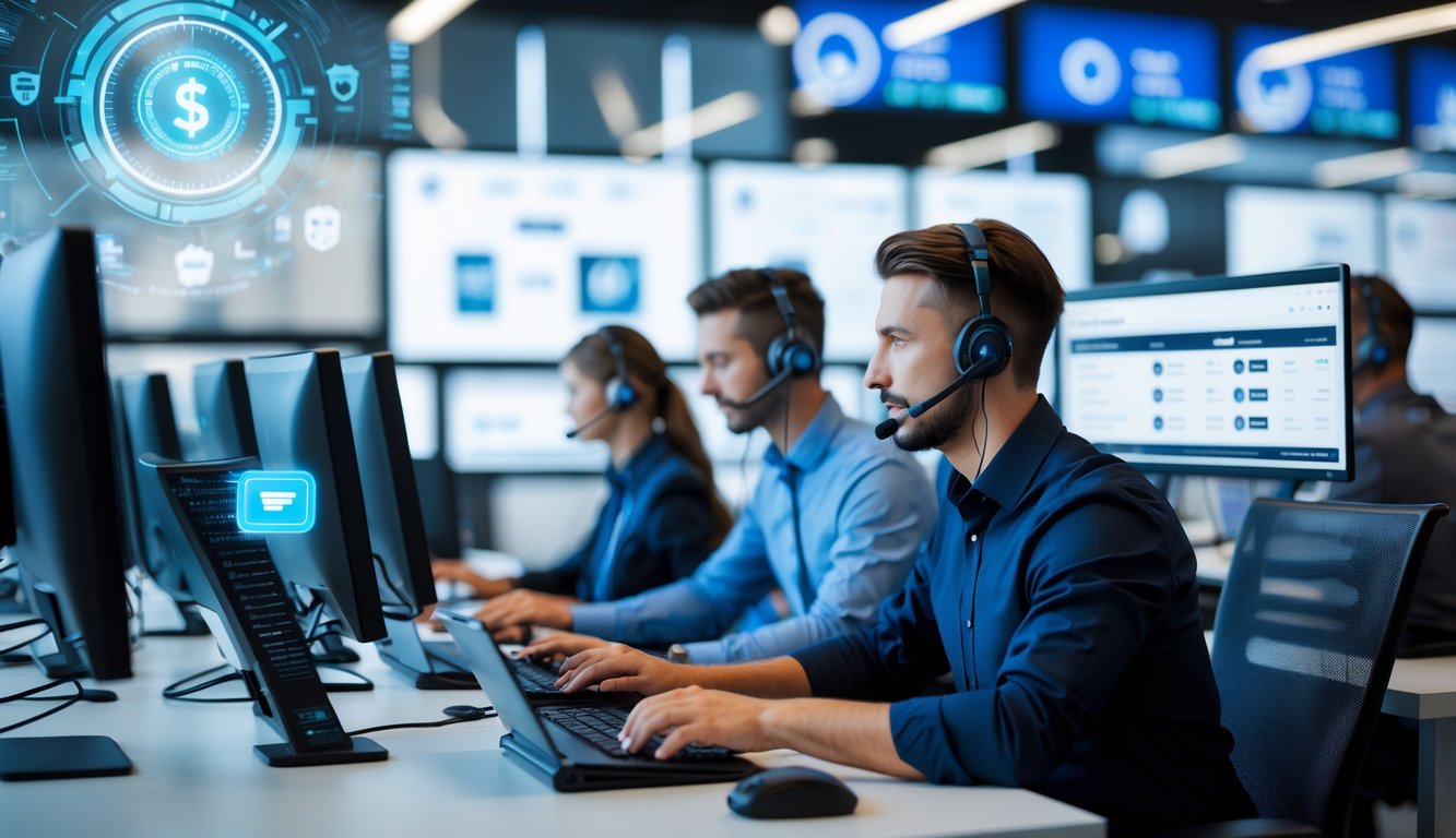 Pusat layanan pelanggan modern dengan staf yang menggunakan headset membantu klien melalui komputer dalam suasana yang terang dan profesional.