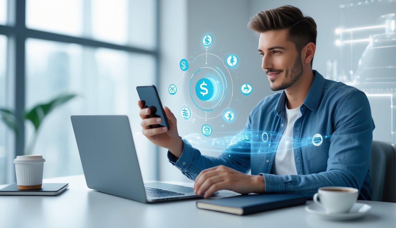 Seorang pria muda menggunakan laptop dan ponsel di meja kerja dengan latar belakang yang menunjukkan simbol pembayaran digital.