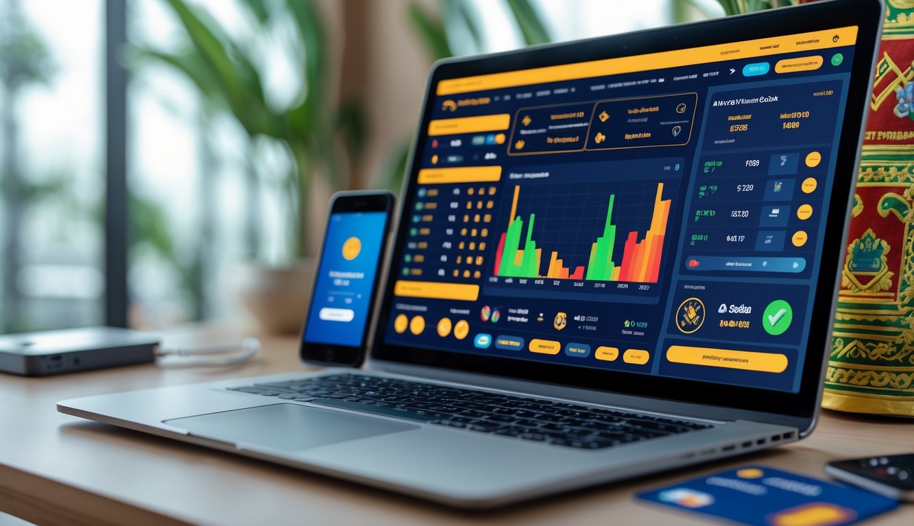 Meja kerja modern dengan laptop yang menampilkan platform taruhan sabung ayam online dan perangkat pembayaran digital di sekitarnya.