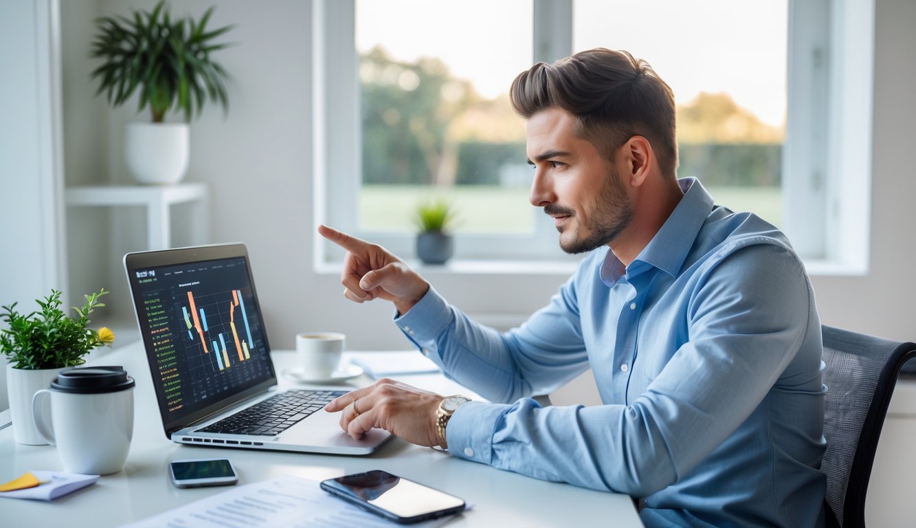 Seorang pria duduk di meja dengan laptop, melihat layar dengan fokus dan memegang smartphone, di ruangan terang dengan jendela dan dekorasi minimalis.