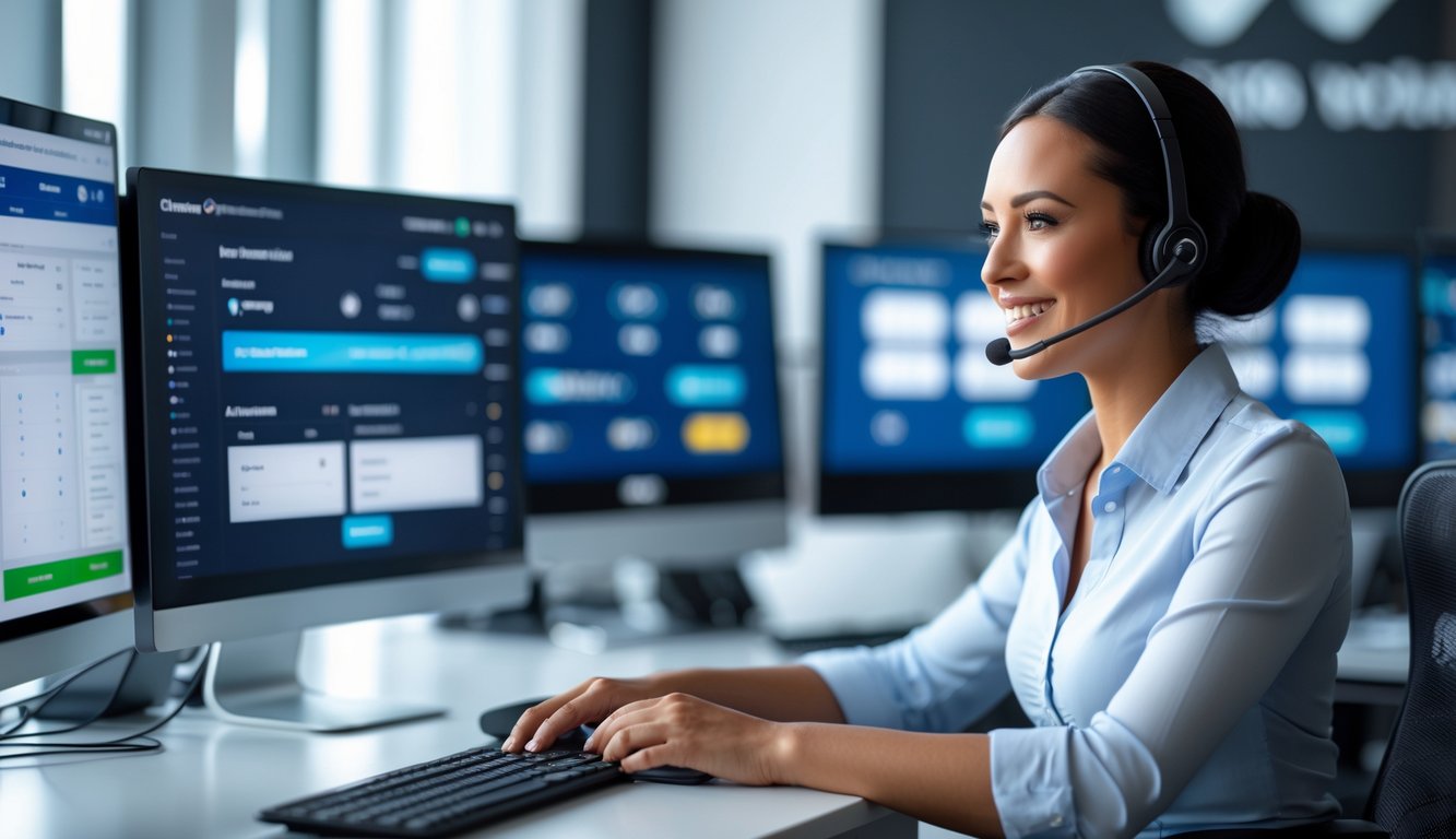 Seorang agen layanan pelanggan sedang bekerja di kantor modern dengan beberapa layar komputer yang menampilkan antarmuka transaksi online.