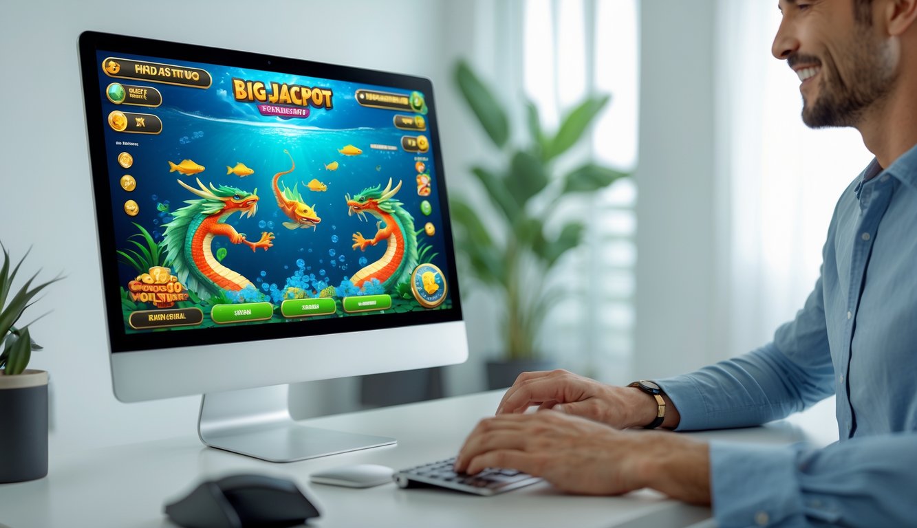 Seorang pemain dewasa sedang bermain game tembak ikan bertema naga di komputer di ruangan yang bersih dan terang.