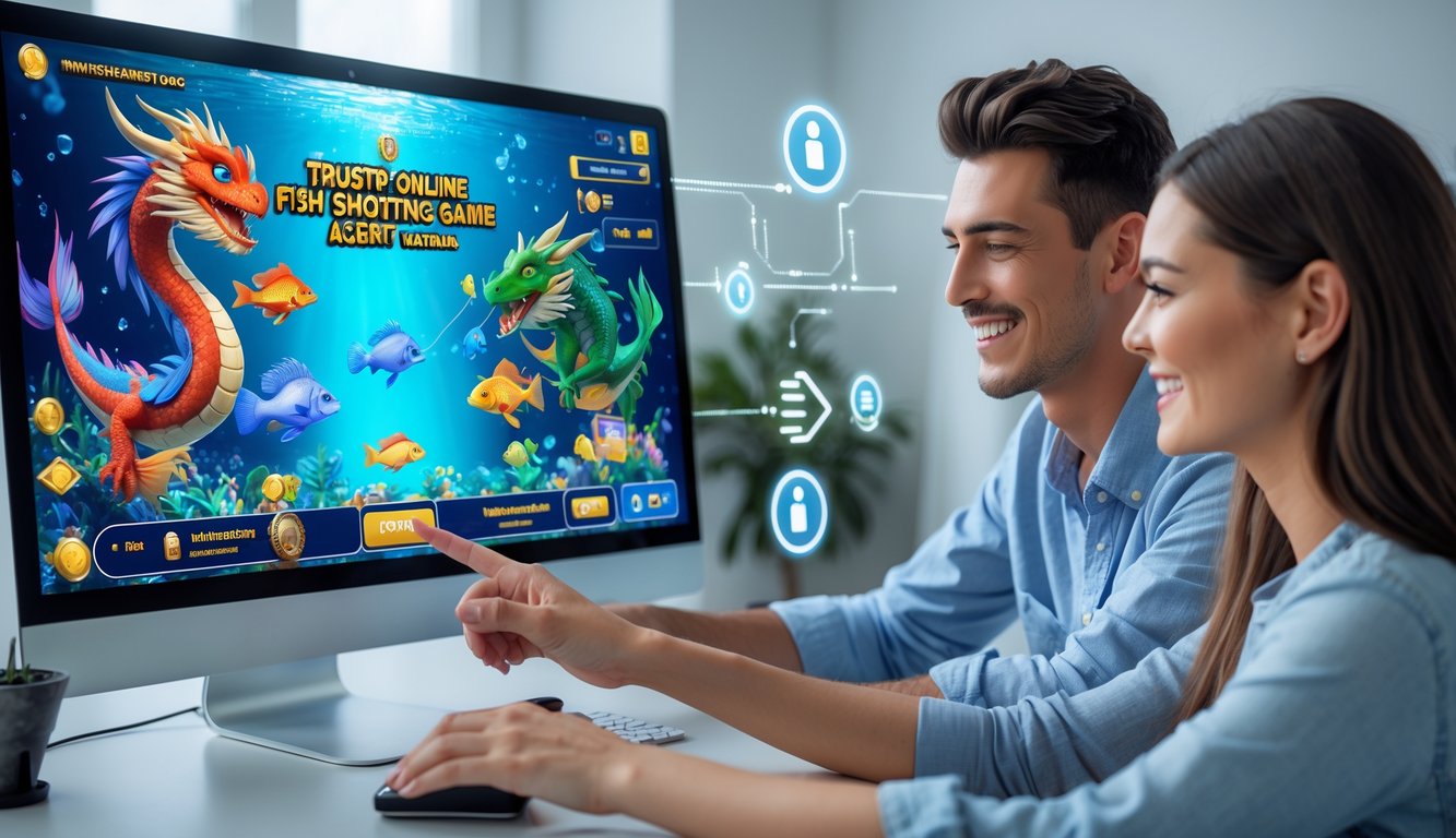 Dua orang muda bermain game tembak ikan di komputer dengan latar belakang grafis ikan dan naga yang berwarna-warni, menunjukkan suasana permainan online yang menyenangkan dan terpercaya.