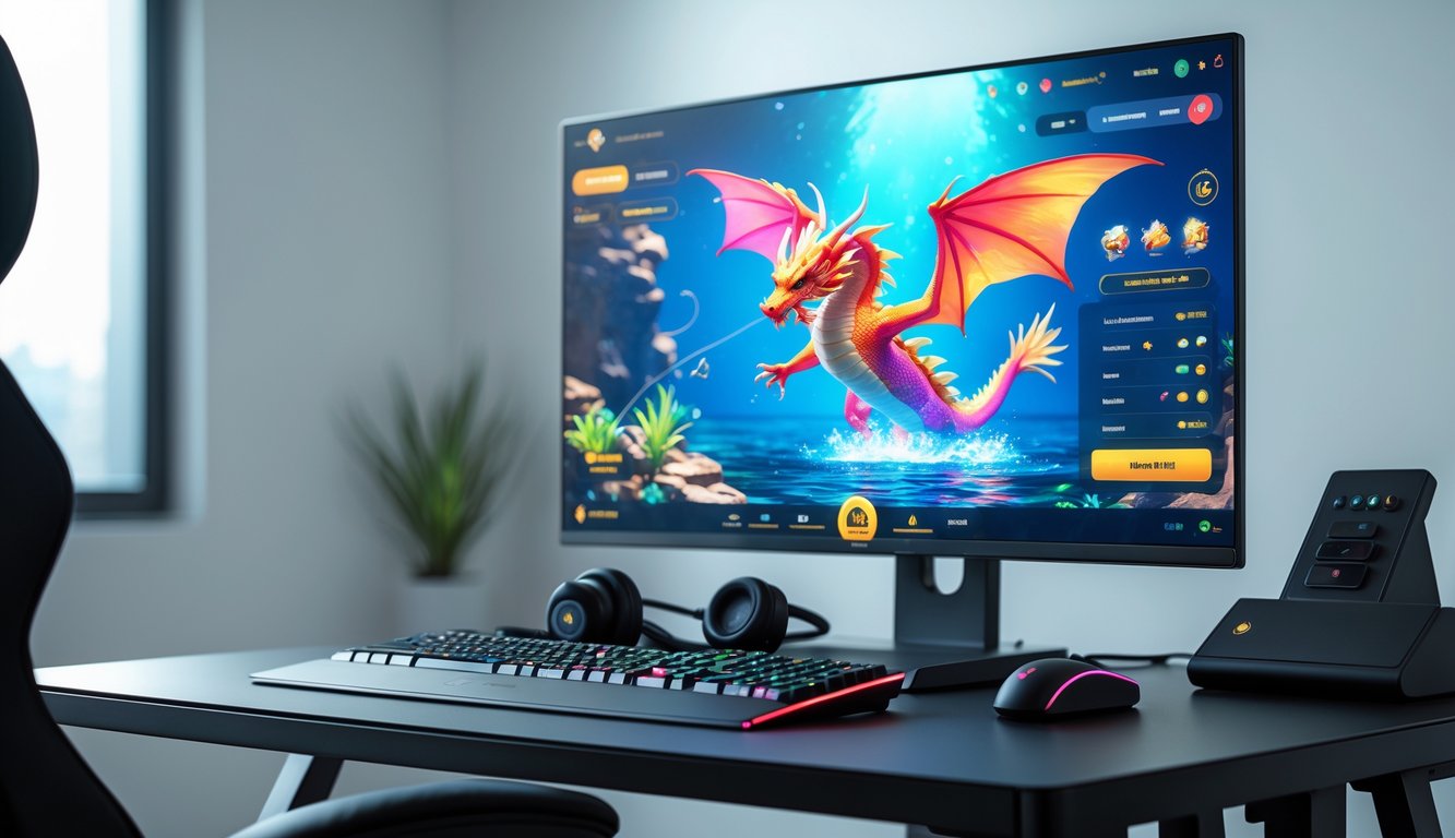 Sebuah meja dengan komputer yang menampilkan permainan tembak ikan bertema naga dengan suasana yang profesional dan menarik.
